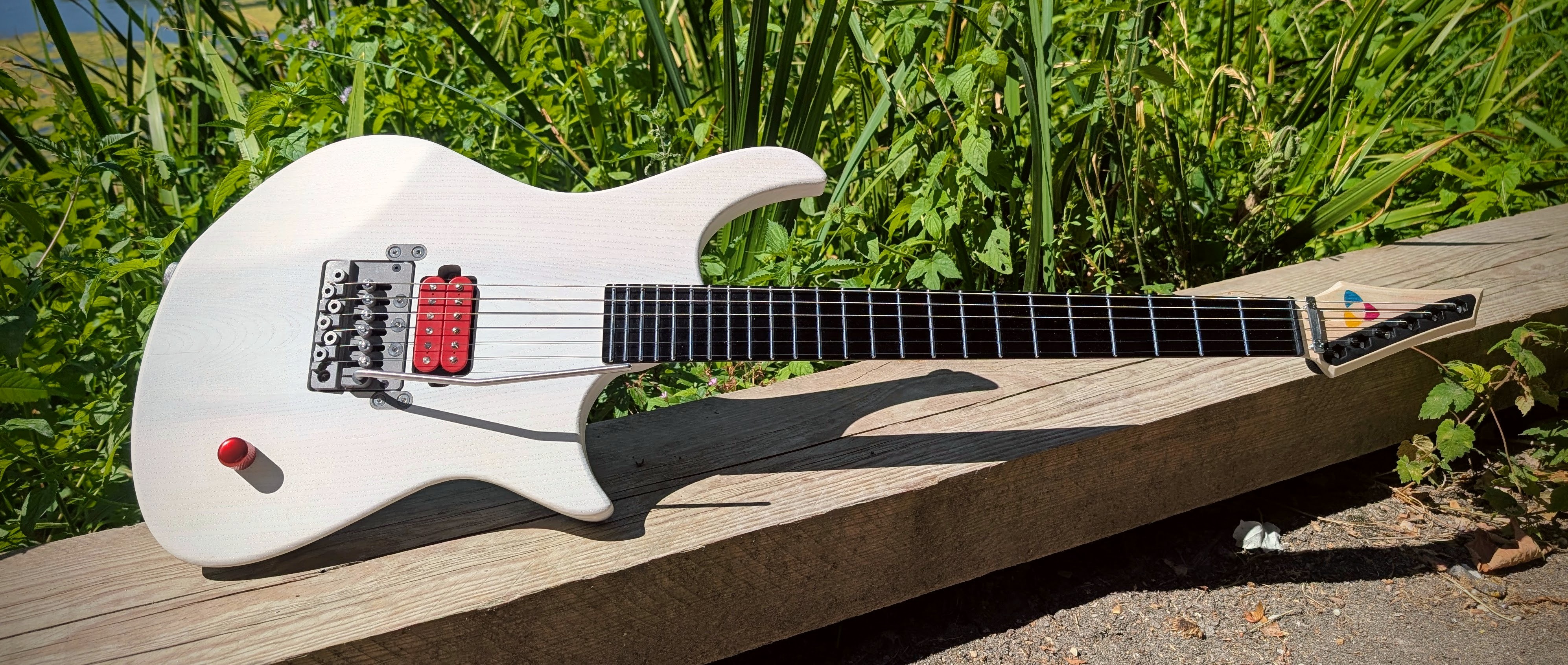 LRH white electric guitar outdoors